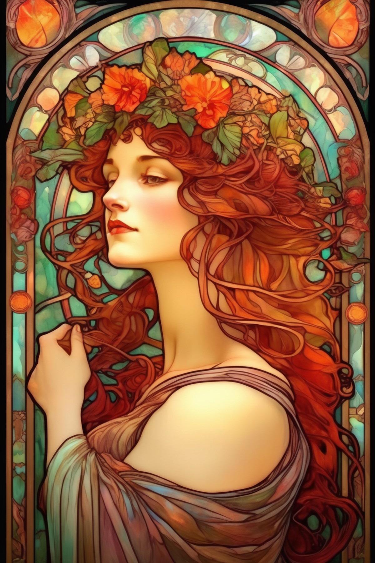 <lora:Alphonse Mucha Style:1>Alphonse Mucha Style - a portrait of persephone in stained glass alphonse mucha art style